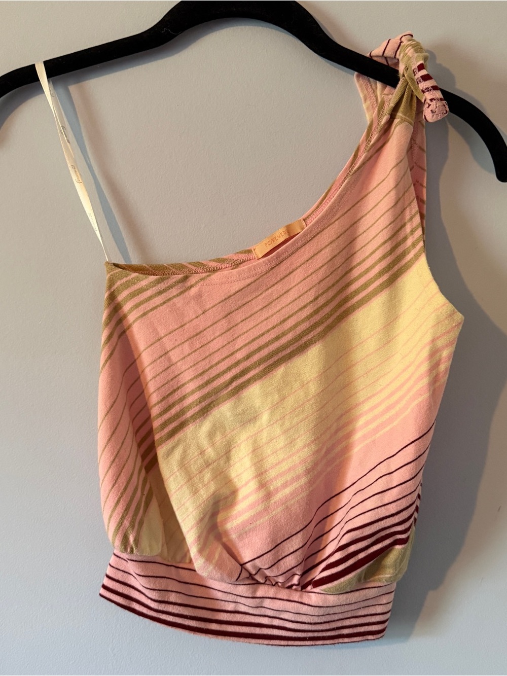 Vintage Forever 21 Pink, Burgundy and Cream One-Shoulder Striped Tank Top